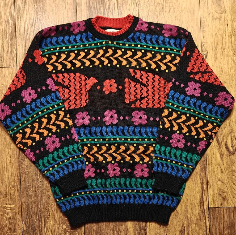 Vintage Sweater Pandora Dove‎ Floral Knit Multicolor 90s Women's Small Pullover